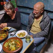 Jutta and Hermann with a delicious Tajine in our camper that we got from the owners of the Camping Doigts du Singe